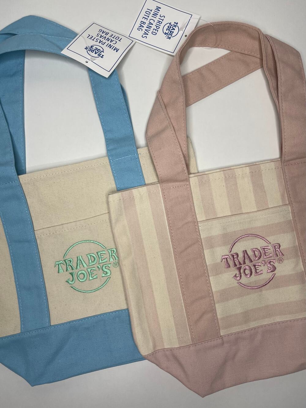 Set of 2 — Trader Joe’s Canvas MINI Tote Bags — PASTEL BABY BLUE + PINK STRIPES!
